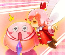 Rule 34 | 1boy, 1girl, :o, blush, blush stickers, closed eyes, crystal, dress, fairy, fairy wings, hetero, highres, kirby, kirby (series), kirby 64, kiss, kissing forehead, nintendo, no humans, open mouth, pink background, pink hair, ribbon (kirby), shiro murasaki, short hair, surprised, wings