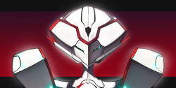 Rule 34 | 10s, 1girl, :d, absurdres, armor, commentary request, darling in the franxx, glint, green eyes, highres, looking at viewer, mecha, murasaki saki, no humans, open mouth, red background, robot, smile, upper body, white background