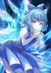 Rule 34 | 1girl, blue bow, blue dress, blue eyes, blue flower, blue hair, blue rose, bow, bowtie, cirno, closed mouth, collar, collared shirt, dress, flower, hair between eyes, hands up, highres, ice, ice wings, looking to the side, miki-cacao, puffy short sleeves, puffy sleeves, red bow, red bowtie, rose, shirt, short hair, short sleeves, smile, solo, touhou, white shirt, white sleeves, wings