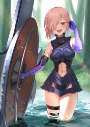 Rule 34 | 1girl, adjusting hair, arm up, armor, armored dress, breasts, commentary request, day, elbow gloves, fate/grand order, fate (series), gloves, hair over one eye, highres, holding, holding shield, legs together, mash kyrielight, medium breasts, navel, open mouth, outdoors, pink hair, purple eyes, purple gloves, saruchitan, shield, short hair, smile, solo, standing, sunlight, tree, wading, water
