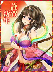 Rule 34 | 10s, 1girl, 2014, arrow (projectile), breasts, brown hair, highres, instrument, large breasts, midriff, navel, new year, original, purple eyes, shamisen, smile, solo, umasan