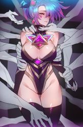 Rule 34 | 1girl, 6+others, akali, bare shoulders, black gloves, black thighhighs, breasts, checkered background, cowboy shot, elbow gloves, facial mark, gem, gloves, groin, highres, large breasts, league of legends, multiple others, orange eyes, ponytail, ratatatat74, shiny clothes, shiny skin, solo, star guardian akali, thighhighs