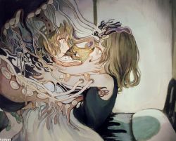 Rule 34 | 2girls, abstract, artist name, bandaid, black shirt, blonde hair, grey eyes, highres, kapura, multiple girls, orange eyes, original, outstretched arms, pillow, profile, shirt, signature, sitting, suction cups, surreal, tears, tentacles, under covers