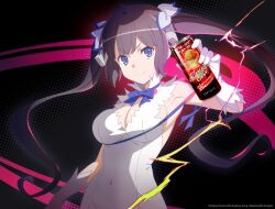 Rule 34 | april fools, artist request, black hair, blue eyes, breasts, can, commentary, dress, dungeon ni deai wo motomeru no wa machigatteiru darou ka, energy drink, english commentary, gloves, hestia (danmachi), highres, holding, holding can, large breasts, looking at viewer, official art, sleeveless, sleeveless dress, twintails, white dress, white gloves