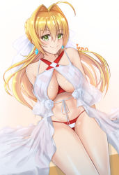 Rule 34 | 1girl, absurdly long hair, ahoge, artist name, bikini, blonde hair, blush, breasts, cleavage, closed mouth, cowboy shot, fate/grand order, fate (series), green eyes, hair intakes, halterneck, ippers, large breasts, long hair, looking at viewer, nero claudius (fate), nero claudius (fate) (all), nero claudius (swimsuit caster) (fate), nero claudius (swimsuit caster) (third ascension) (fate), sitting, smile, solo, striped bikini, striped clothes, swimsuit, twintails, very long hair