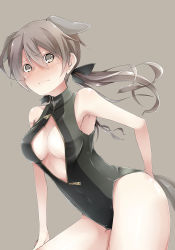 Rule 34 | 1girl, amai nekuta, blush, breasts, brown eyes, brown hair, cleavage, female focus, front zipper swimsuit, gertrud barkhorn, large breasts, long hair, meme attire, one-piece swimsuit, solo, strike witches, swimsuit, twintails, unzipped, world witches series, zipper
