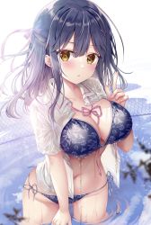 Rule 34 | 1girl, absurdres, bikini, blue bikini, blue hair, blush, breasts, collared shirt, commentary request, cowboy shot, hair ornament, hair ribbon, highres, large breasts, long hair, looking at viewer, nanami yuuno, navel, neck ribbon, open clothes, open shirt, parted lips, pink ribbon, resolution mismatch, ribbon, shirt, side-tie bikini bottom, signature, solo, source smaller, sousouman, standing, stomach, swimsuit, twinbox school, wading, water, wet, wet clothes, wet shirt, white shirt, x hair ornament, yellow eyes