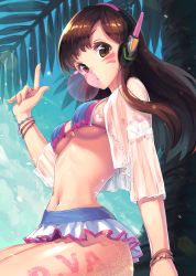 Rule 34 | 1girl, absurdres, adapted costume, arm at side, bikini, bikini skirt, blue bikini, bracelet, breasts, brown eyes, brown hair, blowing bubbles, chewing gum, close-up, crop top, d.va (overwatch), day, facepaint, facial mark, fingernails, headphones, heart, highres, index finger raised, jewelry, kamome yuu, long fingernails, long hair, looking at viewer, medium breasts, navel, open clothes, open shirt, outdoors, overwatch, overwatch 1, palm tree, parted lips, plant, sand, shirt, short sleeves, sitting, solo, stomach, swimsuit, transparent, tree, underboob, whisker markings, white shirt