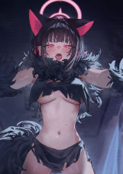 1girl animal_ears animal_hands betabeet black_fur black_gloves black_hair black_skirt blue_archive blush breasts colored_inner_animal_ears commentary crop_top extra_ears fake_tail fangs fur-trimmed_gloves fur_scarf fur_trim gloves halloween_costume halo highres kazusa_(blue_archive) kazusa_(halloween)_(blue_archive) looking_at_viewer medium_breasts navel official_alternate_costume open_mouth paw_gloves pink_eyes pink_hair pink_halo red_eyes saliva saliva_trail sketch skirt solo stomach sweat tail teeth tongue torn_clothes torn_skirt underboob upper_teeth_only wolf_tail