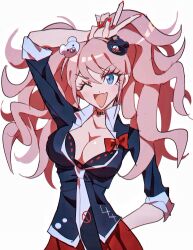 1girl bear_hair_ornament black_bra black_jacket black_necktie blonde_hair blue_eyes bow bowtie bra breasts choker cleavage collarbone collared_jacket cowboy_shot danganronpa:_trigger_happy_havoc danganronpa_(series) enoshima_junko fang grgrton hair_ornament hand_on_own_head hand_on_own_hip happy highres jacket light_blush long_eyelashes long_hair long_sleeves nail_polish necktie no_symbol one_eye_closed open_mouth pleated_skirt red_bow red_bowtie red_nails red_skirt ribbon-trimmed_bra ribbon_trim shirt simple_background skin_fang skirt sleeves_past_elbows smile solo standing twintails two-tone_necktie underwear v white_background white_necktie white_shirt