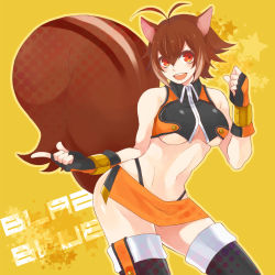 Rule 34 | 1girl, animal ears, antenna hair, arc system works, bad id, bad pixiv id, bare shoulders, blazblue, blazblue: continuum shift, boots, breasts, brown eyes, brown hair, copyright name, fingerless gloves, gloves, large breasts, makoto nanaya, midriff, navel, orange skirt, revealing clothes, short hair, skirt, smile, solo, squirrel ears, squirrel tail, tail, tako (fkkdn), thigh boots, thighhighs, underboob