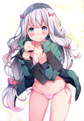 Rule 34 | 1girl, absurdres, bare shoulders, bikini, blue eyes, blush, bow, breasts, closed mouth, collarbone, drawing tablet, eromanga sensei, fingernails, gluteal fold, gradient background, hair bow, hair ornament, highres, holding, izumi sagiri, jacket, kat (bu-kunn), long hair, long sleeves, looking at viewer, navel, off shoulder, open clothes, open jacket, pink bikini, scan, shiny skin, side-tie bikini bottom, silver hair, small breasts, solo, star (symbol), starry background, stomach, stylus, swimsuit, tears, thighs