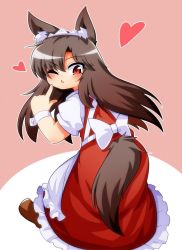 Rule 34 | 1girl, alternate costume, animal ears, apron, blush, brown footwear, brown hair, dress, enmaided, frilled dress, frills, from behind, heart, imaizumi kagerou, long hair, maid, maid apron, maid headdress, one eye closed, peku029, peku (science santa-san), pink background, puffy short sleeves, puffy sleeves, red dress, red eyes, shirt, shoes, short sleeves, sleeveless, sleeveless dress, solo, tail, touhou, two-tone background, white background, white shirt, wolf ears, wolf tail, wrist cuffs