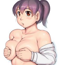 Rule 34 | 1girl, blush, breasts, brown eyes, commentary request, hair between eyes, highres, large breasts, looking at viewer, original, orizen, ponytail, purple hair, simple background, solo, striped clothes, striped wrist cuffs, tareme, upper body, white background, wrist cuffs