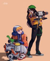 Rule 34 | 2girls, animification, apex legends, arc4na, beanie, black footwear, black hair, black pants, blue bodysuit, blue headwear, bodysuit, brown eyes, crossover, glasses, green headwear, hair over one eye, hat, holding, holding stuffed toy, hood, hooded jacket, jacket, killjoy (valorant), long hair, multiple girls, nessie (respawn), on one knee, one eye covered, orange jacket, pants, ribbed bodysuit, smile, stuffed toy, thigh strap, torn clothes, torn pants, trait connection, valorant, wattson (apex legends), white bodysuit, white footwear, yellow jacket
