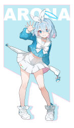 Rule 34 | 1girl, absurdres, arona (blue archive), blue archive, blue eyes, blue hair, blue shirt, character name, choker, colored inner hair, contrapposto, full body, grin, gun, hairband, halo, highres, holding, holding gun, holding weapon, legs, long sleeves, looking at viewer, midriff, mismatched pupils, multicolored hair, navel, neck ribbon, pink hair, pleated skirt, ribbon, sailor collar, shirt, short hair, skirt, smile, solo, standing, stomach, two-tone hair, umbrella gun, waving, weapon, white choker, white hairband, white ribbon, white sailor collar, white skirt, white sneakers, yorin yoni