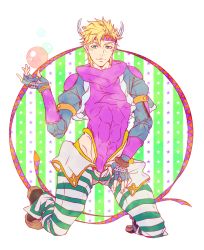Rule 34 | 1boy, bad id, bad pixiv id, blonde hair, blue jacket, bubble, caesar anthonio zeppeli, facial mark, fingerless gloves, gloves, headband, highres, hydrokinesis, jacket, jojo no kimyou na bouken, male focus, official alternate costume, pants, solo, striped clothes, striped pants, water, zino