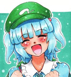 Rule 34 | 1girl, bad id, bad pixiv id, blue hair, closed eyes, female focus, hair bobbles, hair ornament, happy, hat, kawashiro nitori, matanonki, open mouth, short hair, solo, touhou, traditional media, twintails, two side up