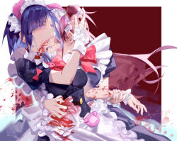 Rule 34 | 2girls, akiba maid sensou, animal ears, apron, black dress, blood, blood from mouth, blood on clothes, blood on face, blood splatter, bow, bowtie, brown hair, commentary, dress, expressionless, fake animal ears, floating hair, frilled hairband, frills, hair ornament, hairband, highres, holding, holding another&#039;s wrist, holding hair ornament, hug, injury, long hair, maid, maid apron, maid headdress, mannen ranko, multiple girls, open mouth, pig ears, purple eyes, purple hair, red bow, red bowtie, short hair, short sleeves, spoilers, taotao xun jiejie, two-tone background, upper body, wahira nagomi, wrist cuffs