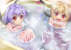 Rule 34 | 2girls, ascot, bat wings, bathtub, blonde hair, blouse, blue hair, blush, commentary request, cropped legs, fang, flandre scarlet, frilled skirt, frills, hair between eyes, knees up, looking at viewer, multiple girls, no headwear, no neckwear, open mouth, partially submerged, pink shirt, pink skirt, puffy short sleeves, puffy sleeves, red eyes, red skirt, red vest, remilia scarlet, shirt, short hair, short sleeves, siblings, side ponytail, sisters, sitting, skirt, smile, sugiyama ichirou, touhou, vest, wet, wet clothes, wings, yellow ascot