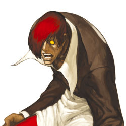 Rule 34 | 1boy, choker, crazy eyes, dark persona, dark skin, dark-skinned male, empty eyes, hair over one eye, highres, male focus, nona, official art, orochi iori, red hair, snk, solo, svc chaos, the king of fighters, yagami iori, yellow eyes