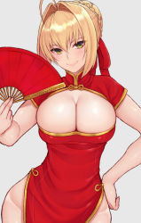 Rule 34 | 1girl, ahoge, alternate costume, blonde hair, breasts, china dress, chinese clothes, cleavage, cleavage cutout, closed mouth, clothing cutout, cocq taichou, dress, fate/extra, fate (series), green eyes, grey background, hair ribbon, hand fan, hand on own hip, holding, holding fan, large breasts, looking at viewer, nero claudius (fate), nero claudius (fate) (all), nero claudius (fate/extra), red dress, red ribbon, ribbon, short hair, simple background, smile, solo