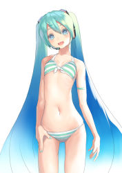 Rule 34 | 1girl, aqua hair, aqua nails, arm garter, bad id, bad pixiv id, bikini, blue eyes, blue hair, breasts, gradient hair, hatsune miku, headset, highres, long hair, looking at viewer, multicolored hair, nail polish, navel, open mouth, rsk (tbhono), simple background, small breasts, solo, standing, striped bikini, striped clothes, swimsuit, twintails, very long hair, vocaloid, white background
