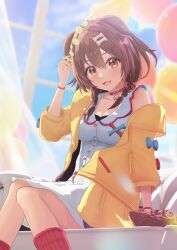 Rule 34 | 1girl, :3, :d, animal collar, animal ears, bone hair ornament, breasts, brown eyes, brown hair, cleavage, collar, commentary request, dog ears, dog girl, dress, fang, hair ornament, highres, hololive, inugami korone, inugami korone (1st costume), jacket, looking at viewer, medium breasts, medium hair, open mouth, red collar, red socks, short dress, smile, socks, solo, souyoru, virtual youtuber, white dress, yellow jacket