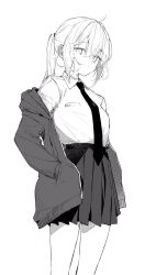 Rule 34 | 1girl, collared shirt, expressionless, feet out of frame, greyscale, hair between eyes, hands in pockets, highres, jacket, jacket partially removed, long sleeves, looking at viewer, medium hair, monochrome, necktie, original, ponytail, shirt, shirt tucked in, simple background, skirt, solo, suashi