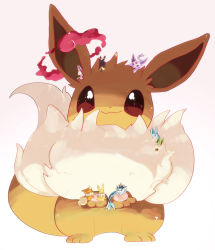 Rule 34 | banchiku, brown eyes, brown fur, closed mouth, commentary request, creatures (company), eevee, espeon, evolutionary line, flareon, game freak, gen 1 pokemon, gen 2 pokemon, gen 4 pokemon, gen 6 pokemon, gigantamax, gigantamax eevee, glaceon, highres, holding, holding pokemon, jolteon, leafeon, nintendo, no humans, pokemon, pokemon (creature), smile, sylveon, umbreon, vaporeon, white background