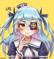 Rule 34 | 1girl, absurdres, blue hair, dalman, dixie cup hat, eyepatch, hair between eyes, hair ribbon, hat, highres, huge filesize, last origin, light blue hair, long hair, lrl (last origin), military hat, ribbon, sailor hat, smile, solo, twintails, two side up, yellow background, yellow eyes