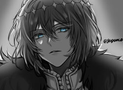 Rule 34 | 1boy, blue eyes, cloak, collared shirt, diamond hairband, fate/grand order, fate (series), frilled shirt collar, frills, fur-trimmed cloak, fur trim, hair between eyes, male focus, monochrome, oberon (fate), oberon (third ascension) (fate), parted lips, shirt, short hair, simple background, solo, spot color, twitter username, upper body, yugumotwst