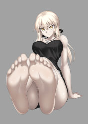 1girl arm_support artoria_pendragon_(all) artoria_pendragon_(fate) bare_shoulders barefoot black_shorts blonde_hair blush bnc_(bunshi) breasts camisole closed_mouth collarbone cross cross_necklace fate/grand_order fate_(series) feet female_focus foot_focus full_body grey_background highres hood hoodie jewelry long_hair looking_at_viewer medium_breasts necklace official_alternate_costume on_floor open_clothes open_hoodie ponytail pov saber_(fate) saber_alter saber_alter_(ver._shinjuku_1999) saber_alter_(ver._shinjuku_1999)_(fate) serious short_shorts shorts sidelocks simple_background sitting soles solo thighs toes yellow_eyes