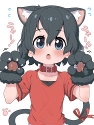 Rule 34 | 1girl, alternate costume, animal ears, animal hands, black hair, blue eyes, blush, bow, cat ears, cat girl, cat tail, claw pose, collar, commentary request, extra ears, flying sweatdrops, gloves, highres, kaban (kemono friends), kemono friends, kemonomimi mode, no headwear, paw gloves, ransusan, red bow, red collar, red shirt, shirt, short hair, short sleeves, solo, t-shirt, tail, tail bow, tail ornament, translation request, upper body