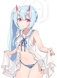 Rule 34 | absurdres, alternate costume, bikini, blue archive, breasts, chise (blue archive), chise (swimsuit) (blue archive), collarbone, commentary request, flower, goyain, hair between eyes, hair flower, hair ornament, halo, highres, horns, looking at viewer, navel, oni, red eyes, side ponytail, simple background, skin-covered horns, small breasts, solo, striped bikini, striped clothes, swimsuit, white background
