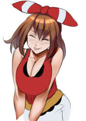 Rule 34 | 1girl, alternate breast size, bare shoulders, blush, breasts, brown hair, cleavage, closed eyes, creatures (company), game freak, highres, large breasts, may (pokemon), maydrawfag, nintendo, pokemon, pokemon oras, short hair, smile, solo, tongue, tongue out