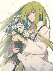 Rule 34 | 1other, androgynous, blue flower, bouquet, commentary request, daisy, enkidu (fate), fate (series), flower, green eyes, green hair, holding, holding bouquet, long hair, long sleeves, looking at viewer, petals, pink flower, robe, sidelocks, simple background, smile, upper body, very long hair, white background, white flower, white robe, wolf, yuuki10614