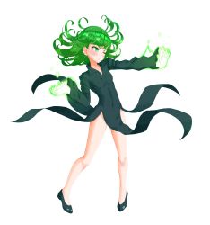 Rule 34 | &gt;;(, 1girl, ;(, absurdres, bare legs, black dress, black footwear, blush, breasts, closed mouth, collarbone, covered navel, curly hair, dress, energy, fantasy, floating, floating clothes, floating object, flying, frown, full body, glowing, glowing hand, glowing hands, green eyes, green hair, groin, high heels, highres, levitation, lifting own clothes, long hair, long sleeves, magic, midriff, no panties, one-punch man, pelvic curtain, popped collar, psychic, shirokuro (oyaji), shoes, side slit, simple background, small breasts, solo, tatsumaki, telekinesis, v-shaped eyebrows, white background