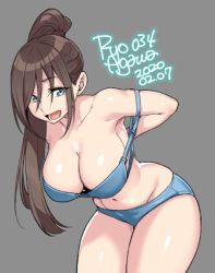Rule 34 | 1girl, agawa ryou, bare shoulders, belly, blue bra, blue eyes, blue panties, bra, breasts, brown hair, cleavage, collarbone, commentary, dated, grey background, large breasts, long hair, navel, open mouth, original, panties, ponytail, signature, simple background, smile, solo, thick thighs, thighs, underwear, underwear only