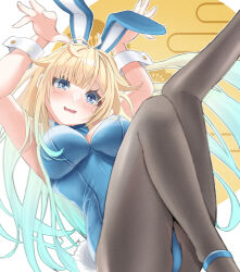 Rule 34 | 1girl, 2023, absurdres, aizawa ema, animal ears, armpits, ass, blonde hair, blue eyes, blue footwear, blue hair, blue leotard, blunt bangs, blush, bow, bowtie, breasts, detached collar, fake animal ears, fake tail, gradient hair, grey pantyhose, hair flaps, highleg, highleg leotard, highres, large breasts, leg up, leotard, light blue hair, long hair, looking at viewer, multicolored hair, mussan, new year, open mouth, pantyhose, paw pose, playboy bunny, rabbit ears, rabbit tail, solo, strapless, strapless leotard, tail, traditional bowtie, very long hair, virtual youtuber, vspo!, wavy mouth, wrist cuffs