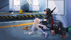 Rule 34 | 1girl, animal, assault rifle, backpack, bag, beret, black cat, black hair, braid, braided ponytail, bullet, cat, escape from tarkov, from side, gun, hair between eyes, hat, highres, holding, holding gun, holding weapon, jacket, leg belt, long hair, looking up, multicolored hair, original, ponytail, red eyes, red hair, rifle, shadow, sitting, skirt, solo, subway, tangdouji (machine), usec, weapon
