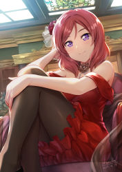 Rule 34 | 1girl, bare shoulders, black pantyhose, blush, breasts, chair, crossed legs, dated, dress, flower, hair flower, hair ornament, highres, hugging own legs, jewelry, lips, looking at viewer, love live!, love live! school idol festival, love live! school idol project, medium breasts, medium hair, necklace, nishikino maki, pantyhose, purple eyes, red dress, red hair, shamakho, shawl, signature, sitting, skylight, smile, solo, strapless, strapless dress, swept bangs