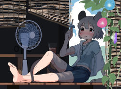 Rule 34 | 1girl, :t, alternate costume, animal ears, barefoot, blouse, blue flower, blue shorts, blush, closed mouth, commentary request, crystal, cup, drinking glass, eating, electric fan, flower, food, full body, grey hair, grey shirt, highres, hot, jewelry, kashiwa kona, mouse (animal), mouse ears, mouse girl, mouse tail, nazrin, pendant, plant, popsicle, purple flower, reclining, red eyes, shirt, short hair, shorts, sitting, solo, table, tail, touhou, undershirt, white shirt