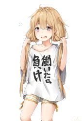 Rule 34 | 10s, 1girl, 3:, absurdres, artist name, black cola, blonde hair, blouse, blush, brown eyes, brown hair, bunching hair, clothes writing, flying sweatdrops, futaba anzu, hair between eyes, highres, idolmaster, idolmaster cinderella girls, long hair, looking at viewer, loungewear, low twintails, off-shoulder shirt, off shoulder, open mouth, shirt, shorts, signature, simple background, solo, striped clothes, striped shorts, tareme, twintails, white background, white shirt, you work you lose