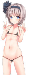 Rule 34 | 1girl, absurdres, areola slip, bikini, blue eyes, blush, double v, embarrassed, female focus, flat chest, hairband, hal (ojou), highres, konpaku youmu, long image, looking at viewer, lowleg, micro bikini, navel, pussy, pussy peek, short hair, silver hair, simple background, solo, standing, swimsuit, tall image, touhou, v, wavy mouth, white background