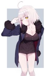 Rule 34 | 1girl, ahoge, arm at side, black dress, blush, breasts, cleavage, dress, facing away, fate/grand order, fate (series), fur trim, twirling hair, jacket, jeanne d&#039;arc (fate), jeanne d&#039;arc alter (fate), jeanne d&#039;arc alter (ver. shinjuku 1999) (fate), jewelry, leaning forward, looking at viewer, medium breasts, necklace, official alternate costume, open clothes, open jacket, outside border, pale skin, remora180, short dress, short hair, simple background, solo, white hair, yellow eyes