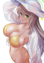 Rule 34 | 1girl, ass, bare shoulders, bikini, blue archive, blush, breasts, butt crack, cleavage, collarbone, green eyes, halo, hat, highres, large breasts, light brown hair, long hair, looking at viewer, navel, nonomi (blue archive), nonomi (swimsuit) (blue archive), ono misao, smile, solo, sun hat, swimsuit, white hat, yellow bikini