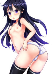 Rule 34 | 10s, 1girl, ahoge, ass, black hair, black thighhighs, blush, cowboy shot, ebi 193, flat chest, from behind, kantai collection, long hair, looking at viewer, looking back, navel, nipples, open mouth, panties, purple eyes, solo, tears, thighhighs, topless, twisted torso, underwear, underwear only, ushio (kancolle), white panties