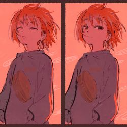 Rule 34 | 1girl, border, brown border, closed mouth, commentary, dated commentary, closed eyes, highres, long sleeves, looking at viewer, muji (uimss), multiple views, orange hair, original, pink background, purple sweater, short hair, sweater, upper body