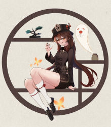 Rule 34 | 1girl, :q, bad id, bad pixiv id, black footwear, brown hair, brown shorts, bug, butterfly, chinese clothes, commentary request, genshin impact, ghost, hat, highres, hu tao (genshin impact), insect, kneehighs, long hair, long sleeves, looking at viewer, red eyes, shoes, shorts, sitting, smile, socks, solo, soukoku, tongue, tongue out, twintails, white socks